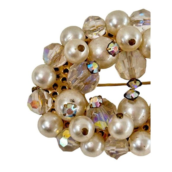 Vintage Brooch Aurora Borealis Beads Faux Pearls Oval 2" - Picture 3 of 6